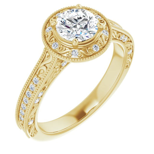 10K Yellow Gold Customizable Vintage Artisan Round Cut Design with 3-Sided Filigree and Side Inlay Accent Enhancements