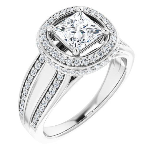 10K White Gold Customizable Halo-style Princess/Square Cut with Under-halo & Ultra-wide Band