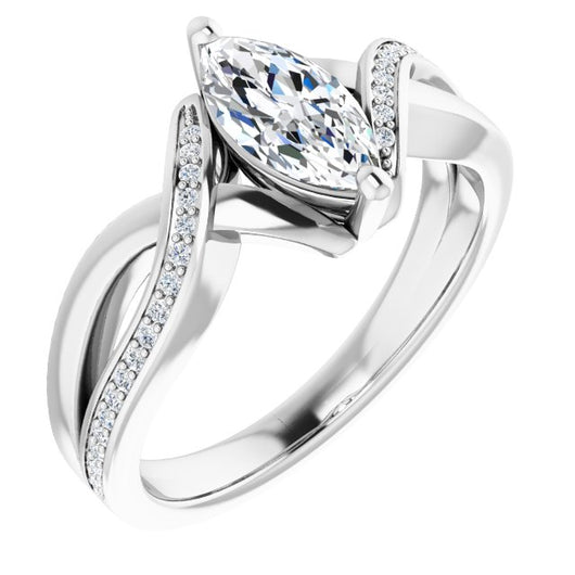 10K White Gold Customizable Marquise Cut Center with Curving Split-Band featuring One Shared Prong Leg