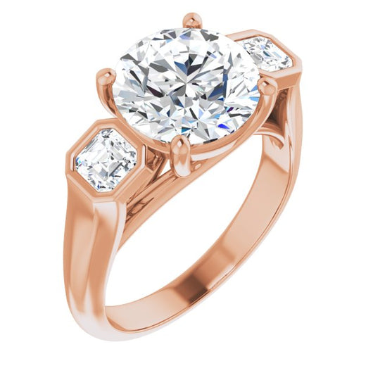 10K Rose Gold Customizable 3-stone Cathedral Round Cut Design with Twin Asscher Cut Side Stones