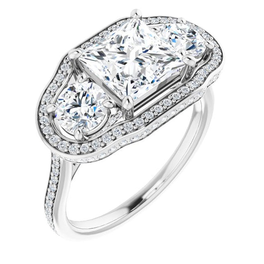 10K White Gold Customizable 3-stone Princess/Square Cut Design with Multi-Halo Enhancement and 150+-stone Pavé Band