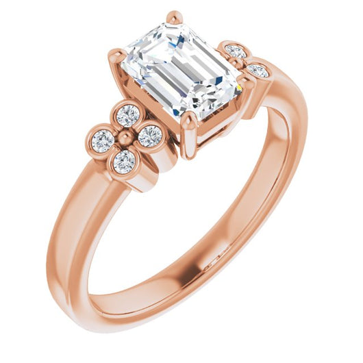 10K Rose Gold Customizable 9-stone Design with Emerald/Radiant Cut Center and Complementary Quad Bezel-Accent Sets