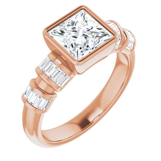 10K Rose Gold Customizable Bezel-set Princess/Square Cut Design with Quad Horizontal Band Sleeves of Baguette Accents