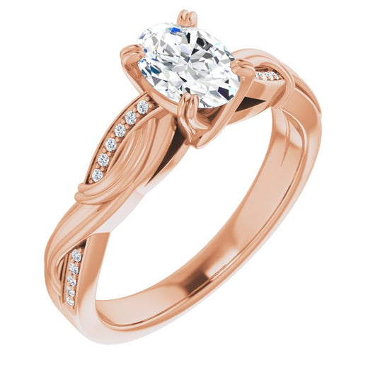 10K Rose Gold Customizable Cathedral-raised Oval Cut Design featuring Rope-Braided Half-Pavé Band