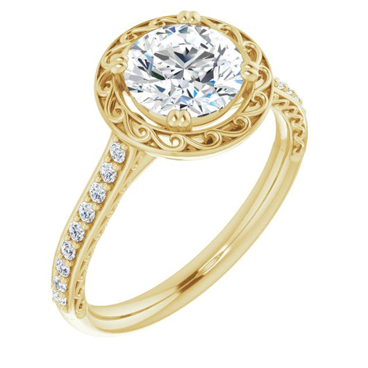 10K Yellow Gold Customizable Round Cut Halo Design with Filigree and Accented Band