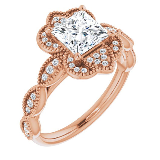 10K Rose Gold Customizable Cathedral-style Princess/Square Cut Design with Floral Segmented Halo & Milgrain+Accents Band