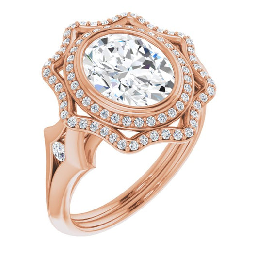 10K Rose Gold Customizable Cathedral-bezel Oval Cut Design with Floral Double Halo and Channel-Accented Split Band