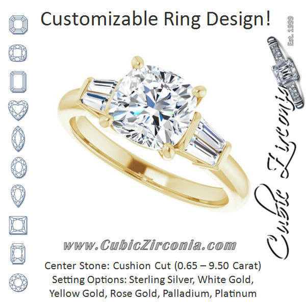 Cubic Zirconia Engagement Ring- The Chloe (Customizable 5-stone Cushion Cut Style with Quad Tapered Baguettes)