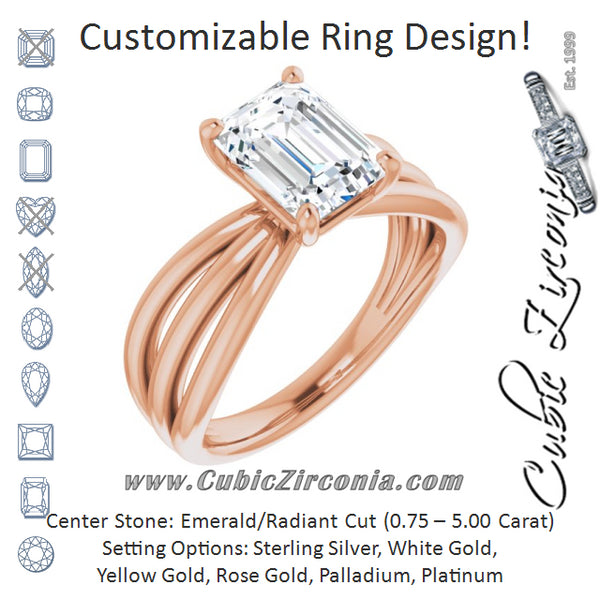 Cubic Zirconia Engagement Ring- The Maha (Customizable Emerald Cut Solitaire Design with Wide, Ribboned Split-band)