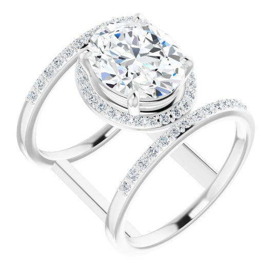 10K White Gold Customizable Oval Cut Halo Design with Open, Ultrawide Harness Double Pavé Band