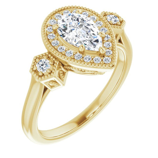 10K Yellow Gold Customizable Cathedral Pear Cut Design with Halo and Delicate Milgrain