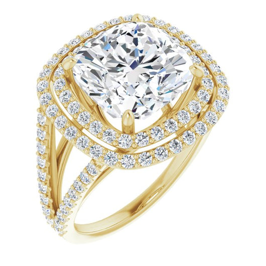 10K Yellow Gold Customizable Cushion Cut Design with Double Halo and Wide Split-Pavé Band