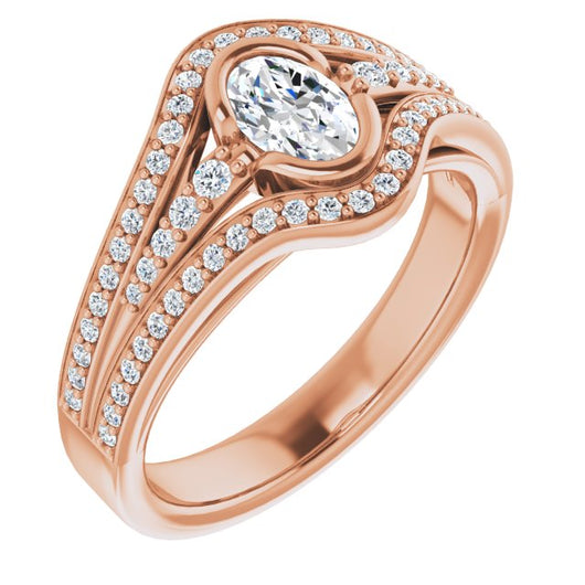 10K Rose Gold Customizable Cathedral-Bezel Oval Cut Design with Wide Triple-Split-Pavé Band