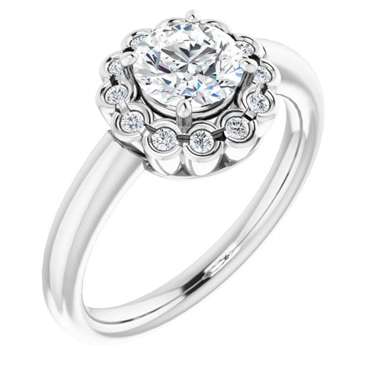 10K White Gold Customizable 13-stone Round Cut Design with Floral-Halo Round Bezel Accents