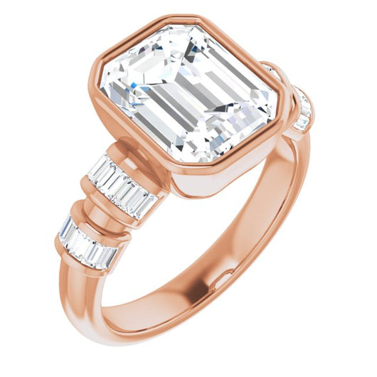 10K Rose Gold Customizable Bezel-set Emerald/Radiant Cut Design with Quad Horizontal Band Sleeves of Baguette Accents