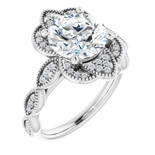 10K White Gold Customizable Cathedral-style Round Cut Design with Floral Segmented Halo & Milgrain+Accents Band