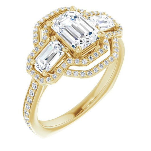 10K Yellow Gold Customizable Enhanced 3-stone Style with Emerald/Radiant Cut Center, Emerald Cut Accents, Double Halo and Thin Shared Prong Band