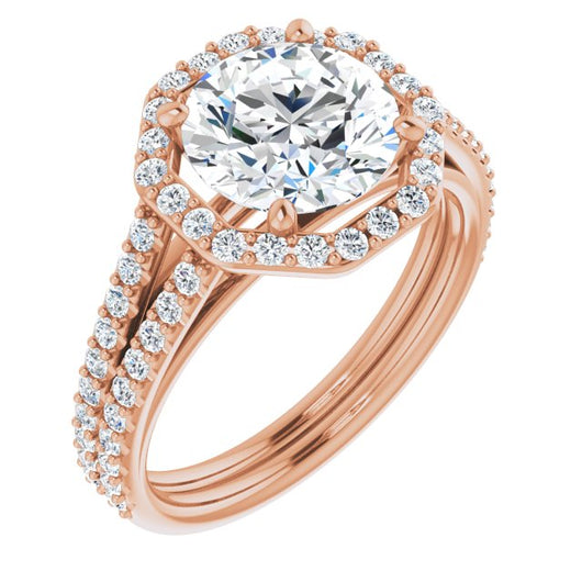 14K Rose Gold Customizable Cathedral Round Cut Design with Geometric Halo & Split Pavé Band