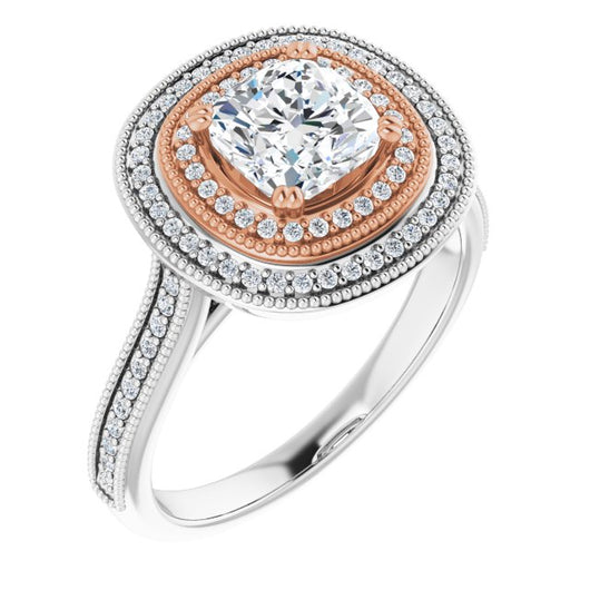 14K White & Rose Gold Customizable Cushion Cut Design with Elegant Double Halo, Houndstooth Milgrain and Band-Channel Accents