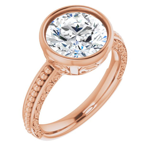 10K Rose Gold Customizable Bezel-set Round Cut Solitaire with Beaded and Carved Three-sided Band