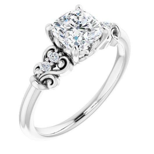 10K White Gold Customizable Vintage 5-stone Design with Cushion Cut Center and Artistic Band Décor