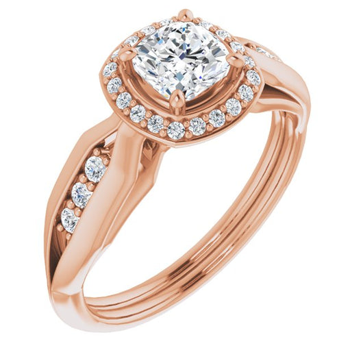 10K Rose Gold Customizable Cathedral-raised Cushion Cut Design with Halo and Tri-Cluster Band Accents