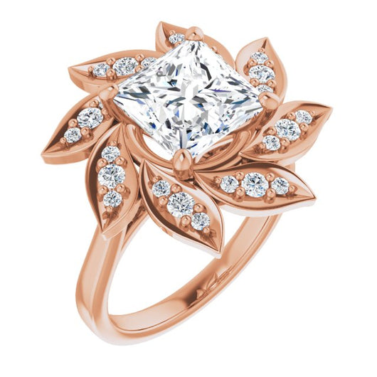 10K Rose Gold Customizable Princess/Square Cut Design with Artisan Floral Halo