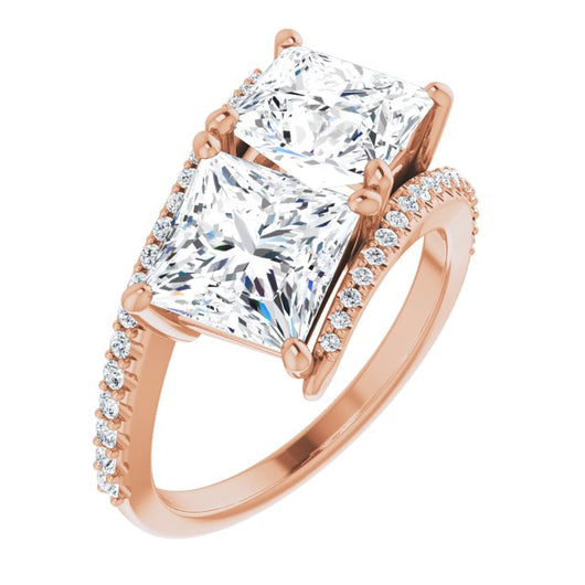 10K Rose Gold Customizable Double Princess/Square Cut 2-stone Design with Ultra-thin Bypass Band and Pavé Enhancement