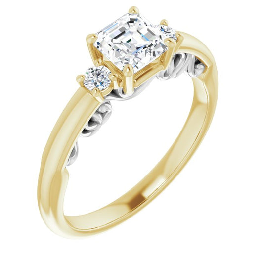 14K Yellow & White Gold Customizable Asscher Cut 3-stone Style featuring Heart-Motif Band Enhancement