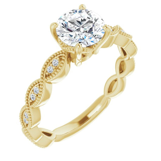 10K Yellow Gold Customizable Round Cut Artisan Design with Scalloped, Round-Accented Band and Milgrain Detail