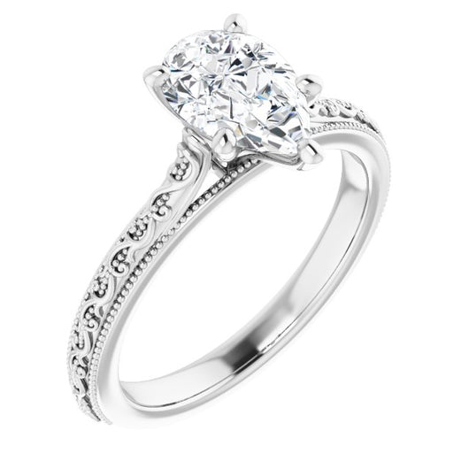 10K White Gold Customizable Pear Cut Solitaire with Delicate Milgrain Filigree Band