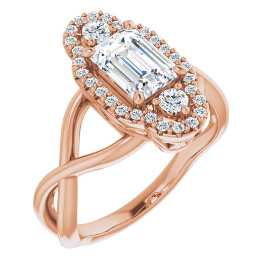 10K Rose Gold Customizable Vertical 3-stone Emerald/Radiant Cut Design Enhanced with Multi-Halo Accents and Twisted Band