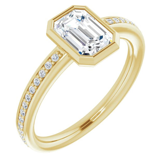 10K Yellow Gold Customizable Bezel-Set Emerald/Radiant Cut Center with Thin Shared Prong Band