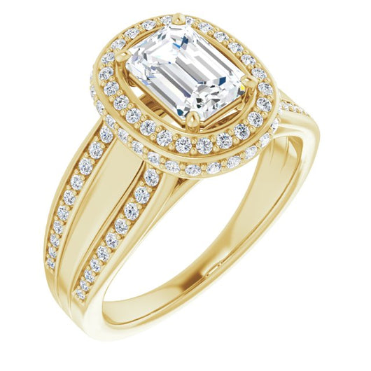 10K Yellow Gold Customizable Halo-style Emerald/Radiant Cut with Under-halo & Ultra-wide Band