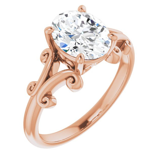 10K Rose Gold Customizable Oval Cut Solitaire with Band Flourish and Decorative Trellis