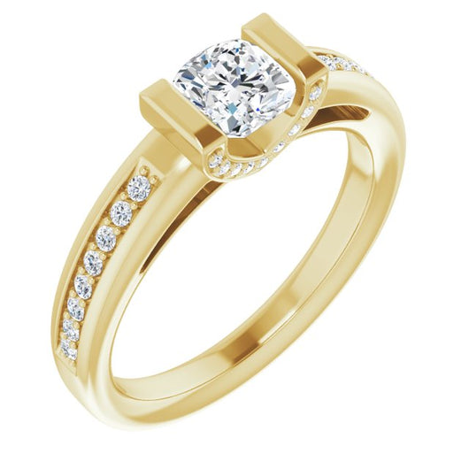 10K Yellow Gold Customizable Cathedral-Bar Cushion Cut Design featuring Shared Prong Band and Prong Accents