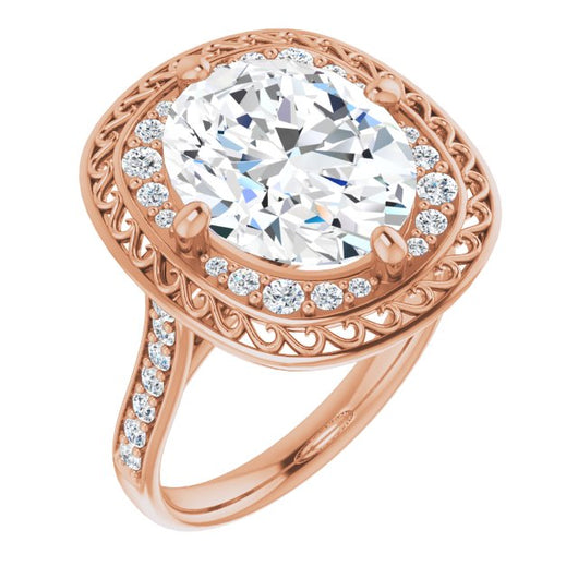 10K Rose Gold Customizable Cathedral-style Oval Cut featuring Cluster Accented Filigree Setting & Shared Prong Band