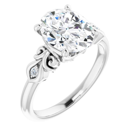 10K White Gold Customizable 3-stone Oval Cut Design with Small Round Accents and Filigree