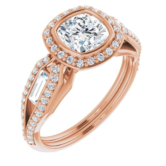 10K Rose Gold Customizable Cathedral-Bezel Cushion Cut Design with Halo, Split-Pavé Band & Channel Baguettes