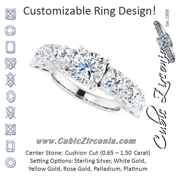 Cubic Zirconia Engagement Ring- The Xiomara (Customizable 7-stone Cushion Cut Design with Large Round-Prong Side Stones)