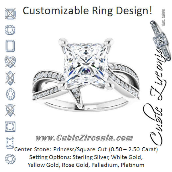 Cubic Zirconia Engagement Ring- The Vada (Customizable Princess/Square Cut Design with Swooping Shared Prong Bypass Band)