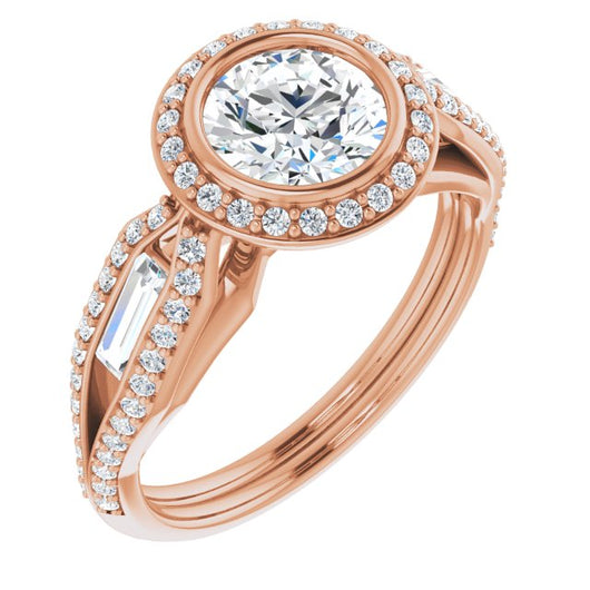 10K Rose Gold Customizable Cathedral-Bezel Round Cut Design with Halo, Split-Pavé Band & Channel Baguettes