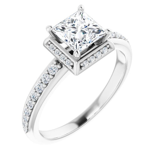 10K White Gold Customizable Princess/Square Cut Design with Geometric Under-Halo and Shared Prong Band