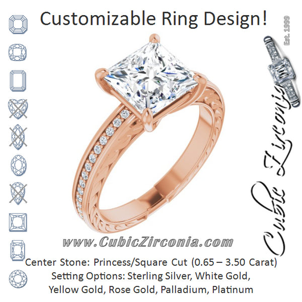 Cubic Zirconia Engagement Ring- The Angie (Customizable Princess/Square Cut Design with Rope-Filigree Hammered Inlay & Round Channel Accents)