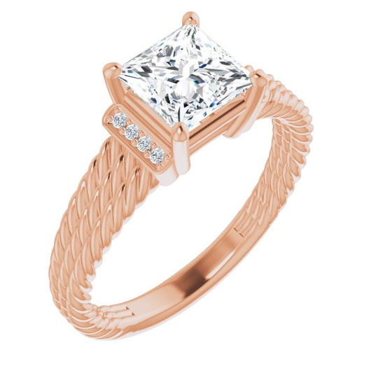 10K Rose Gold Customizable 11-stone Design featuring Princess/Square Cut Center, Vertical Round-Channel Accents & Wide Triple-Rope Band