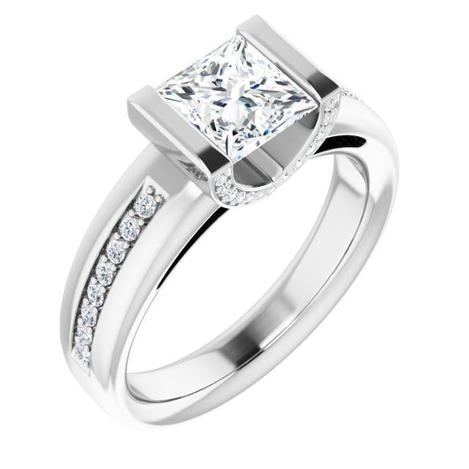 10K White Gold Customizable Cathedral-Bar Princess/Square Cut Design featuring Shared Prong Band and Prong Accents