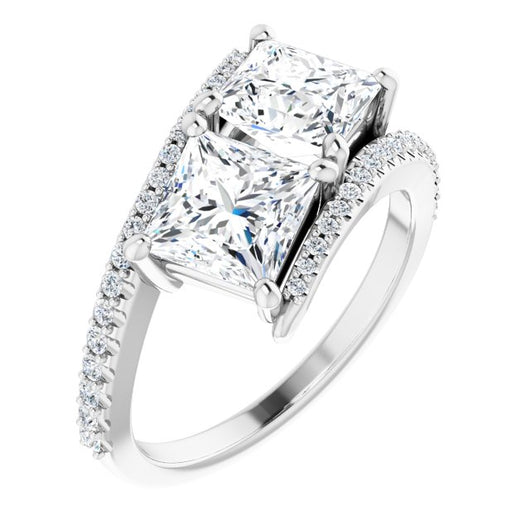 10K White Gold Customizable Double Princess/Square Cut 2-stone Design with Ultra-thin Bypass Band and Pavé Enhancement