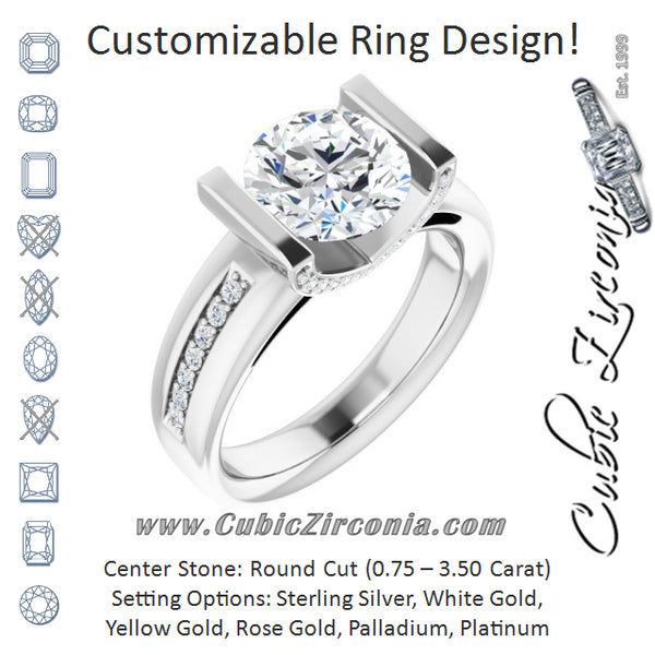 Cubic Zirconia Engagement Ring- The Maryana (Customizable Cathedral-Bar Round Cut Design featuring Shared Prong Band and Prong Accents)