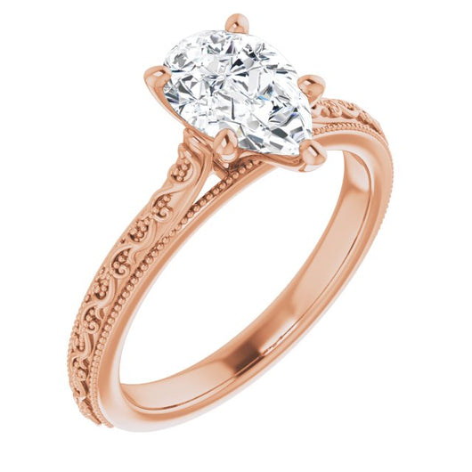 10K Rose Gold Customizable Pear Cut Solitaire with Delicate Milgrain Filigree Band