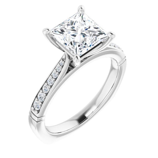 10K White Gold Customizable Princess/Square Cut Design with Tapered Euro Shank and Graduated Band Accents